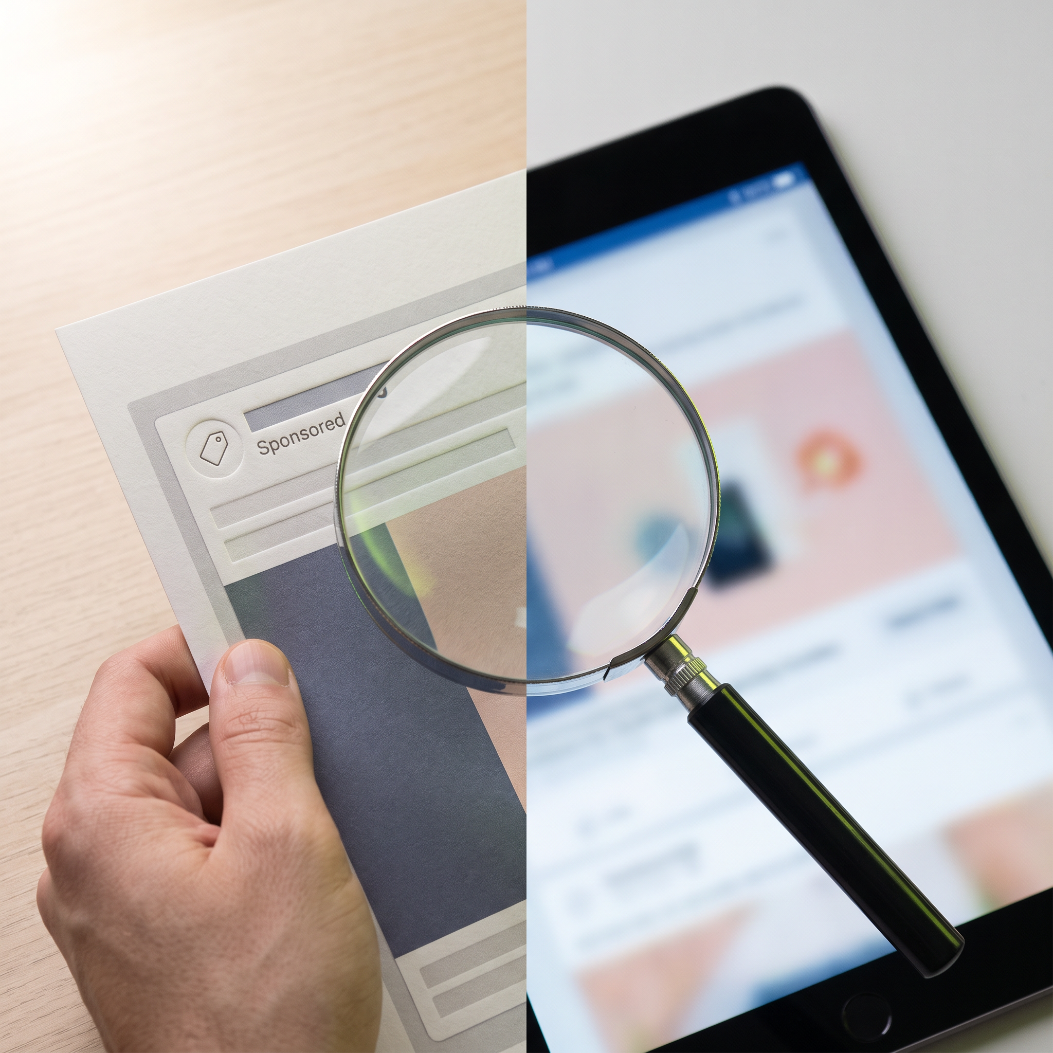 A designer's hand holding a printed proof of a Facebook ad mock-up beside a tablet showing a blurred ad interface, with a real magnifying glass resting over the corner of the printout where a small tag icon is embossed near a 'Sponsored' style label
