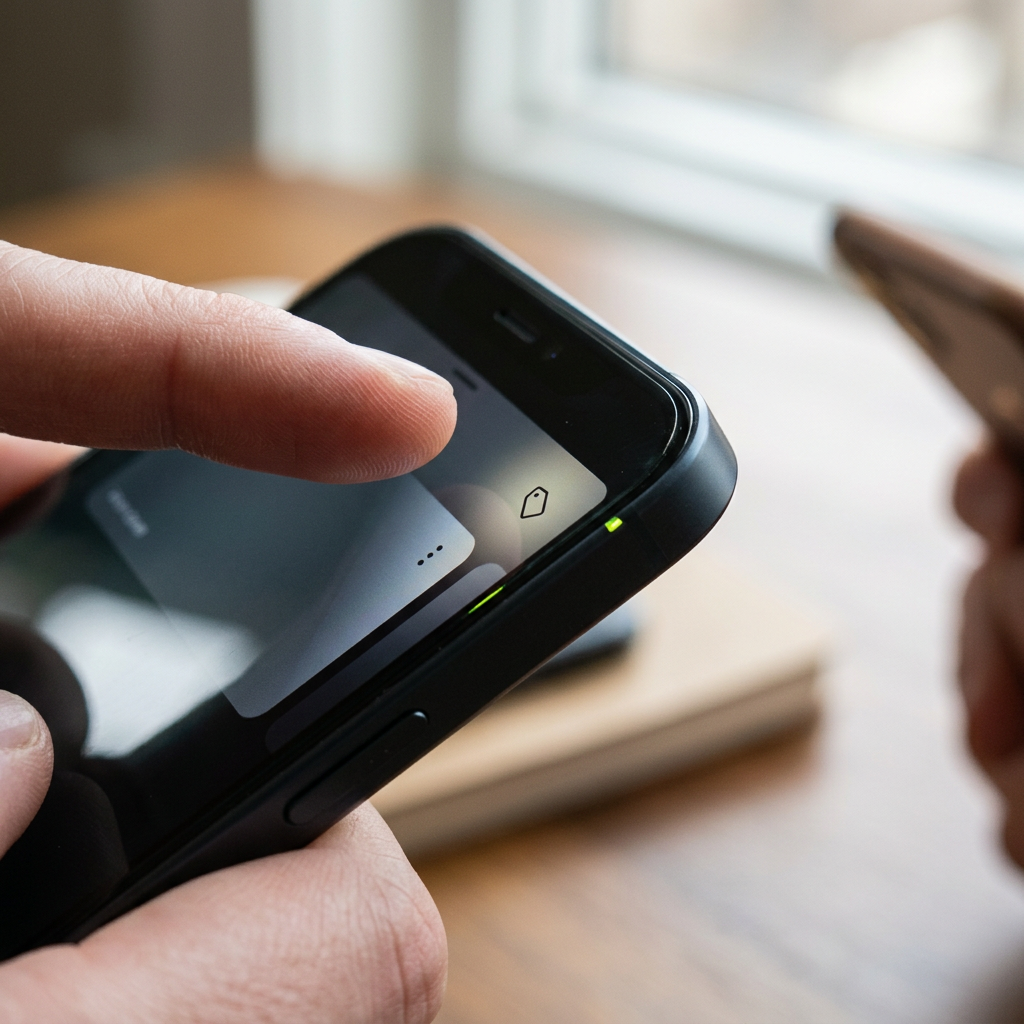 Extreme close-up of a smartphone held at an angle showing the edge of a social ad card with a three-dot menu area, screen mostly turned away from camera so only the top corner and a small tag-shaped icon catch the light
