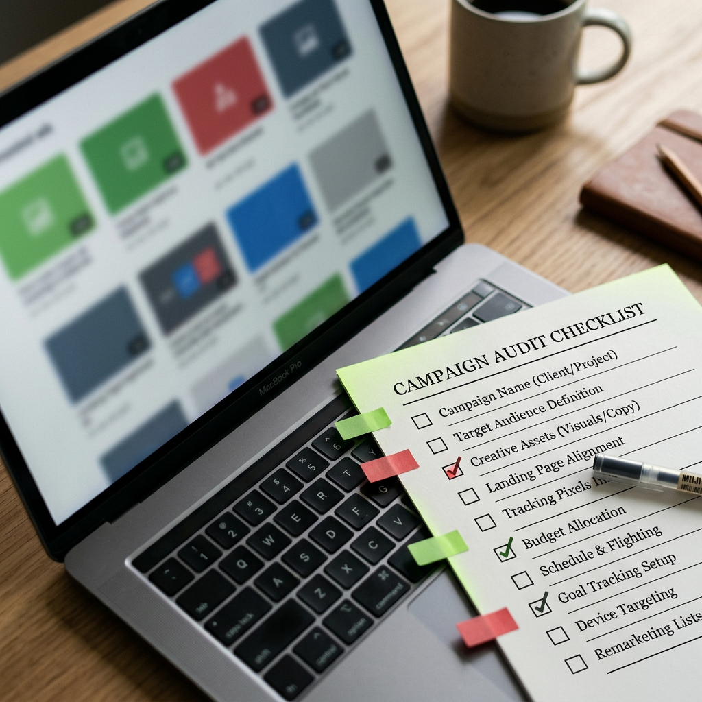 A laptop on a designer's desk displaying a blurred grid of ad thumbnail placeholders, with small physical color-coded tags (green and red paper tabs) placed on a printed checklist sheet next to the laptop