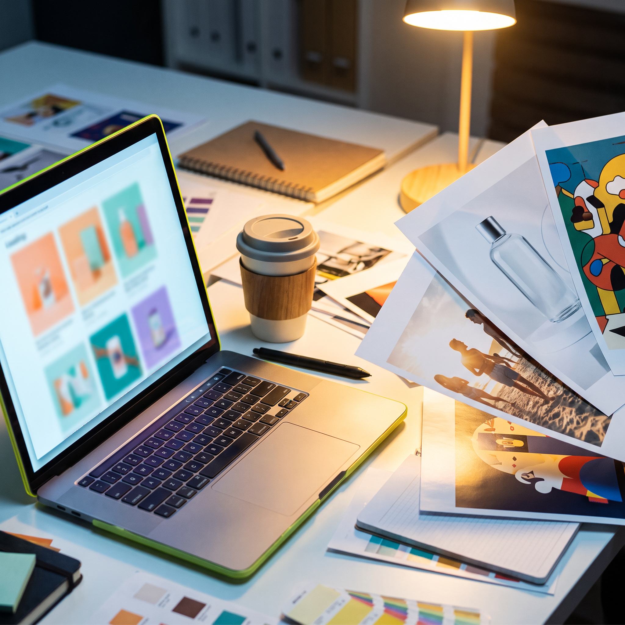 A creative director's studio desk split between two zones: on the left, a laptop turned three-quarter away glowing softly with the faint colored shapes of ad thumbnails loading in a grid (screen content abstract, not legible); on the right, a fanned-out physical spread of printed ad creative proofs — a product shot on white, a lifestyle scene, a bold illustrated poster — overlapping like a hand of cards across the desk