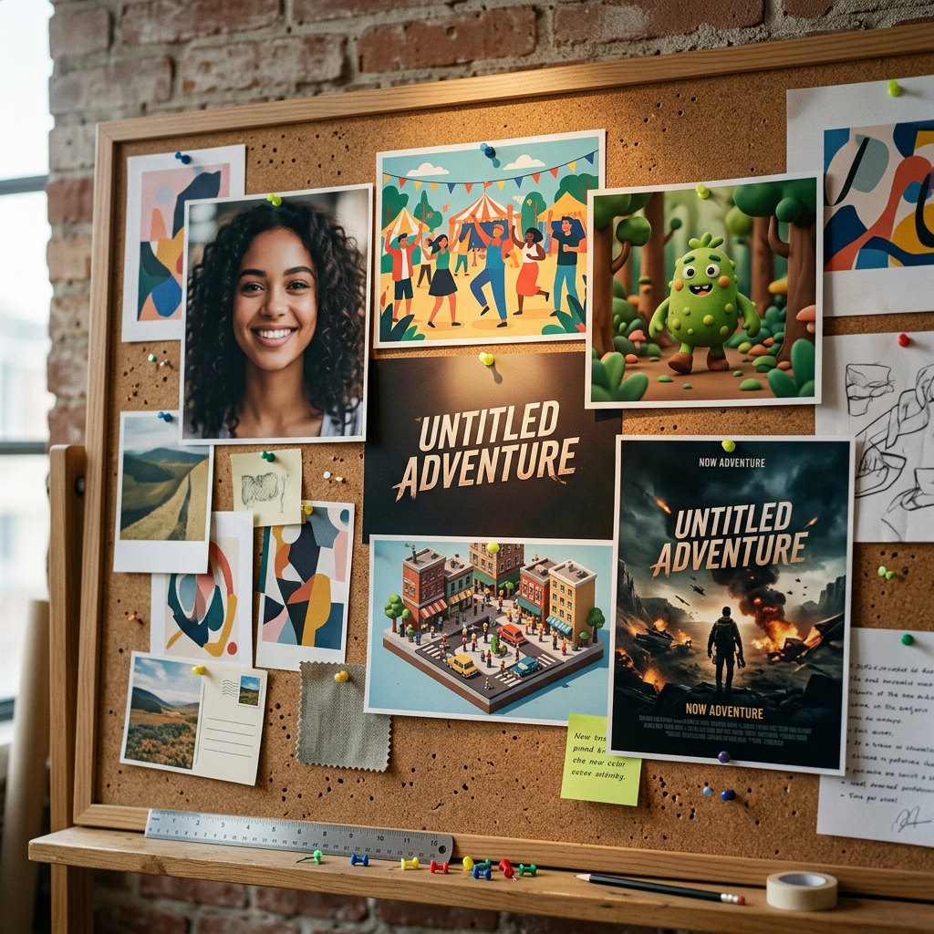 A large mood board of printed ad creative tiles pinned to a studio wall, each tile rendered in a distinct visual style — a photoreal portrait crop, a flat-color illustration, a claymation-style character render, an isometric miniature scene, and a cinematic movie-poster-style composition — arranged in an uneven grid like a stylist's reference wall