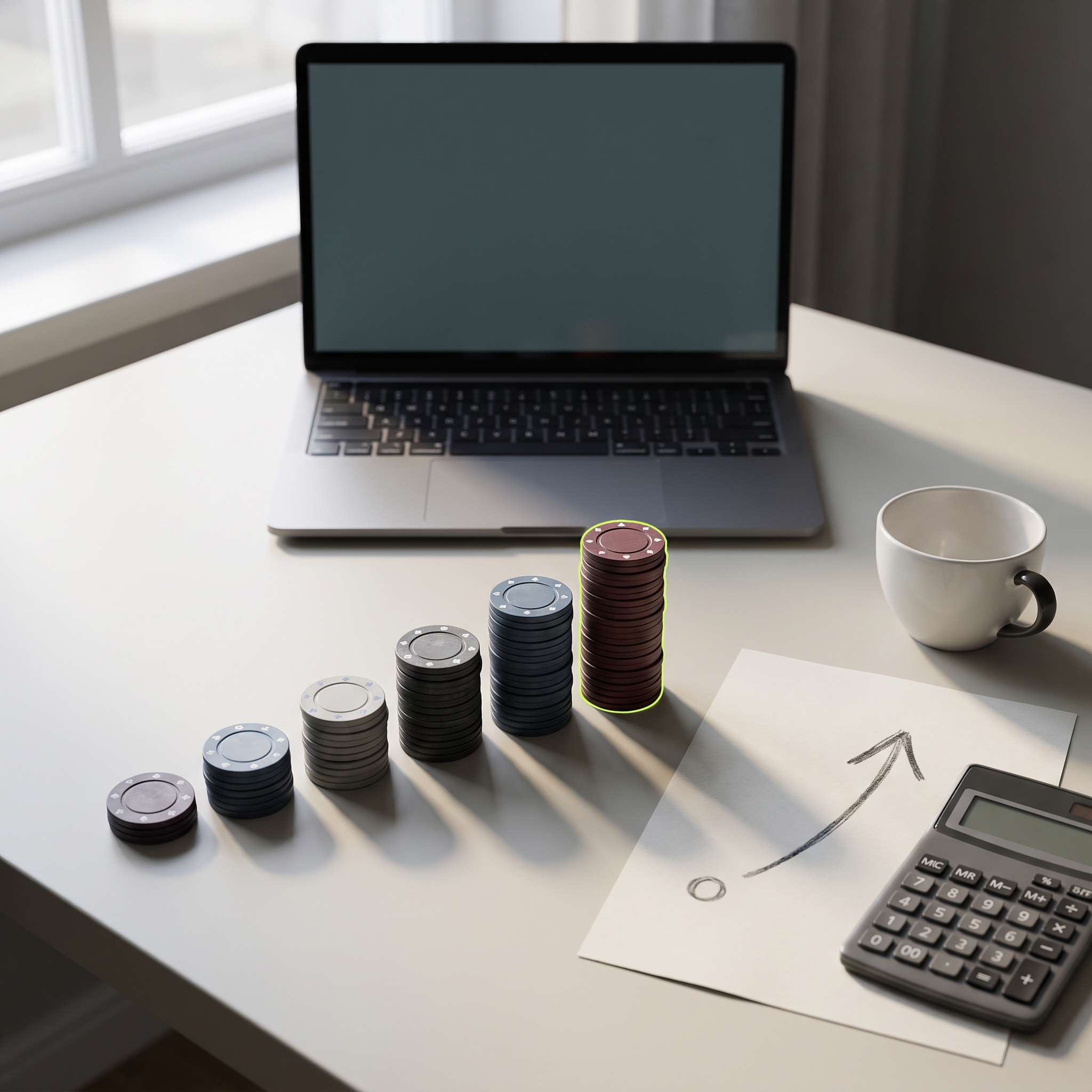 A marketing strategist's desk shot from above, showing a laptop (screen turned away/dimmed) surrounded by small stacked poker chips in ascending piles of increasing height, paired with a printed growth arrow sketched on paper beside a calculator and coffee cup, symbolizing scaling budget while staying controlled