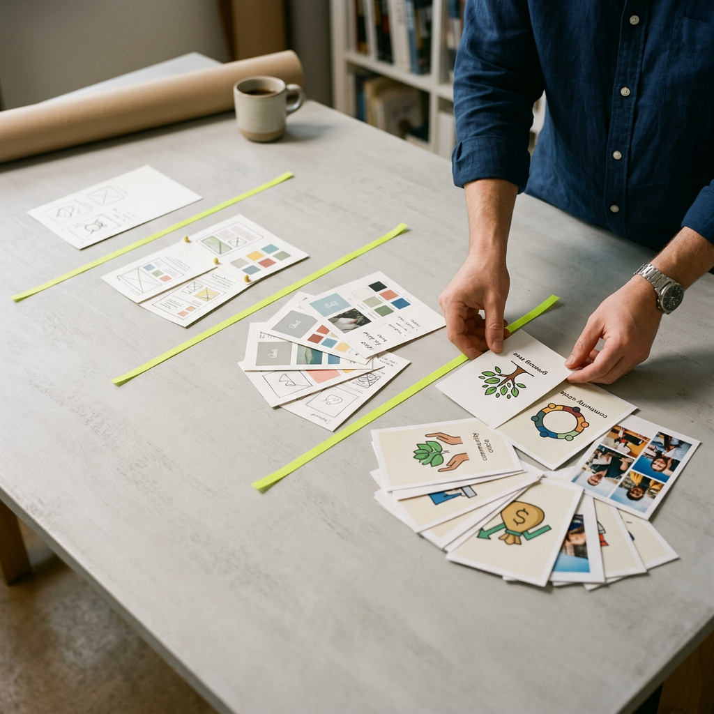 A creative strategist's hands arranging four distinct groups of printed ad mockup cards on a large studio table, moving from a single sparse card on the left to a dense, fanned-out cluster of cards on the right, representing validate-confirm-expand-sustain stages