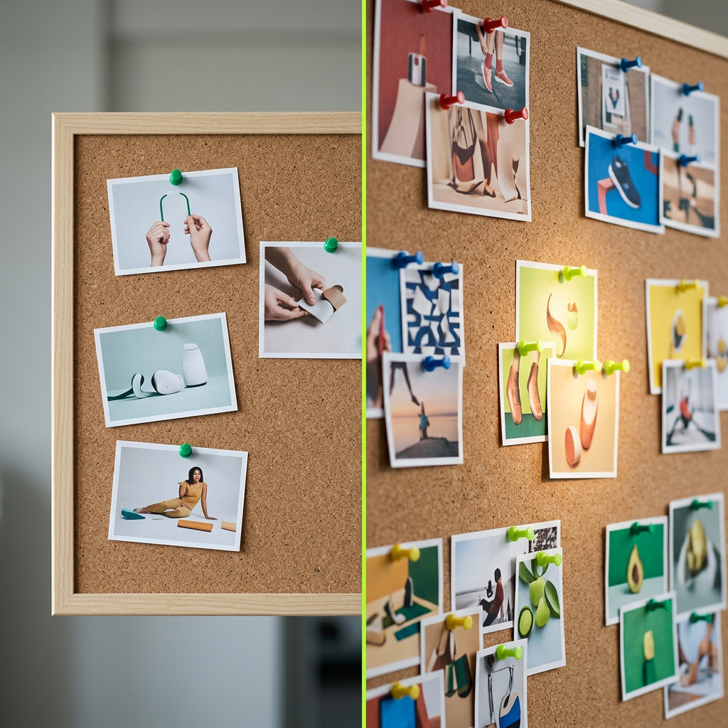 Split photographic diptych: left side shows a small corkboard with only three printed ad creative photos pinned sparsely; right side shows a large corkboard densely layered with a dozen+ printed ad creatives organized in loose color-coded clusters by colored pin heads