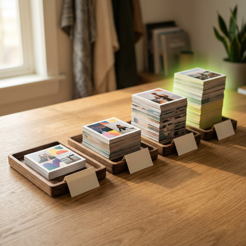 Four wooden or acrylic trays arranged in a row on a studio table, each holding a stack of printed ad creative cards, the stacks visibly growing taller from the first tray to the last, with a small blank price-tag-style card propped against each tray to imply a budget tier