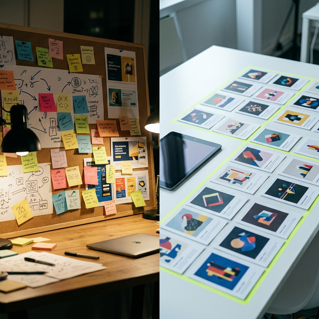 A split physical desk setup: left side shows a cluttered whiteboard covered in sticky notes, scribbled arrows, and scattered printed ad mockups pinned haphazardly; right side shows a clean white table with a tidy grid of uniform printed ad creative cards laid out in perfect rows, a tablet face-down beside them