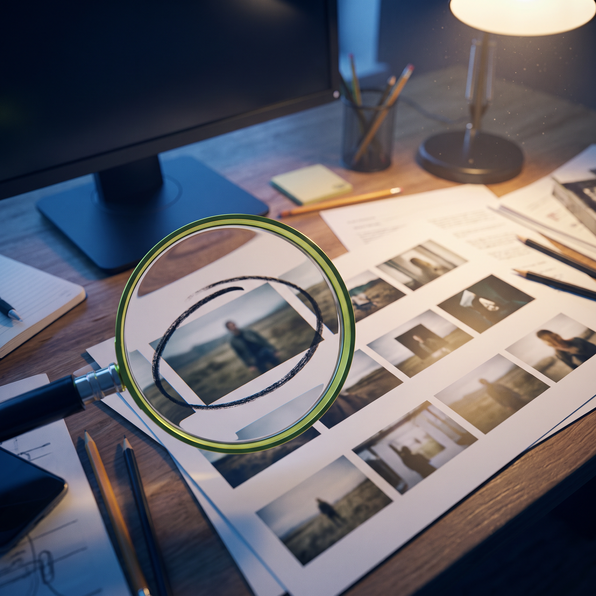 A creative director's desk mid-audit: a loupe (magnifying glass) rests over a printed grid of ad creative stills spread across the table, one frame pulled forward and circled in grease pencil while the others sit slightly out of focus behind it