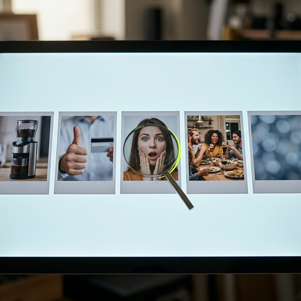 Five printed photo cards laid in a neat row on a light table, each showing the opening frame of a different video ad concept — a product close-up, a hand gesture, a face mid-reaction, a lifestyle scene, a plain generic stock-style frame — with a small magnifying glass propped over the weakest, most generic-looking card